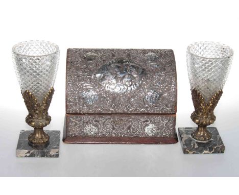 Embossed silver mounted stationery box together with fish eaters and brushes; pair gilt metal and glass vase shaped night lig