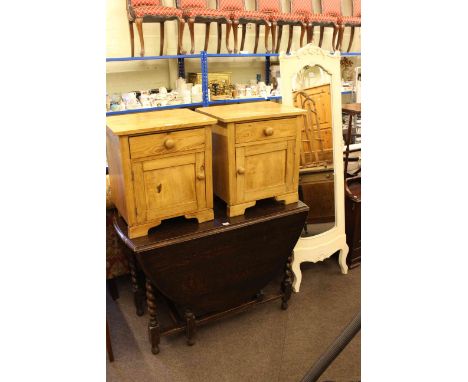 Oak barley twist gate leg dining table, pair pine pedestal cabinets and easel cheval mirror (4)