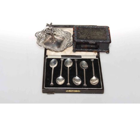 Cased set of silver spoons, ring stand and tortoiseshell box (3)