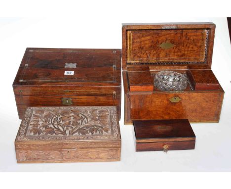 19th Century brass bound walnut tea caddy. rosewood box, carved Eastern box and small trinket box