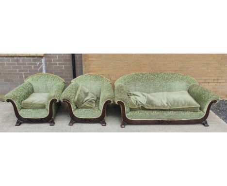 Antique 1920s three piece sofa suite in green damask moquette with carved mahogany base raised on square supports (3)