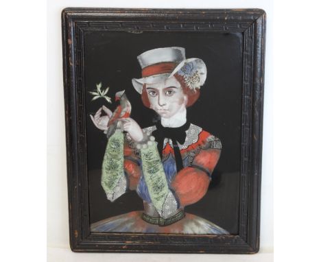 19th century Chinese School reverse painting on glass portrait of a European lady holding a bird, 38.5cm x 28.5cm, in stained