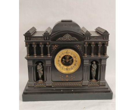 Large French mantel clock with visible Brocot escapement in black Namur marble case of architectural form with figures and co