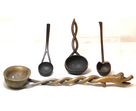 Antique treen ladle or spoon, the oval bowl with double twist stem and stylised dragon head terminal, 31cm long; also three o