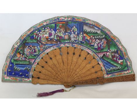 Chinese Qing dynasty "Mandarin" fan, the paper leaf on pierced and carved wooden sticks with hand painted decoration to eithe