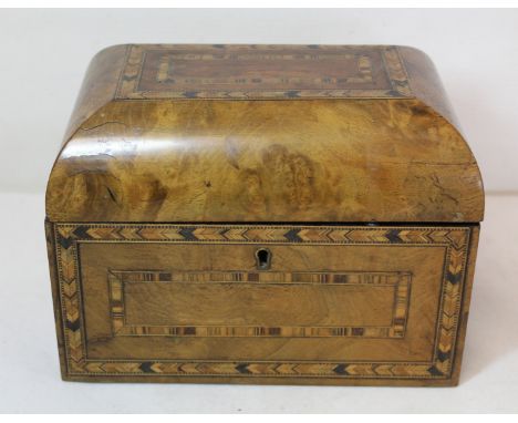 Victorian burr walnut domed tea caddy with Tunbridge ware inlaid borders, the interior with two lidded compartments, 21.5cm w