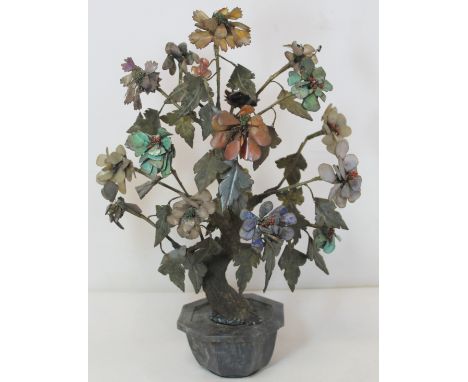 Late 19th/early 20th century Chinese hardstone model of a flowering tree with naturalistic trunk and octagonal hardstone jard