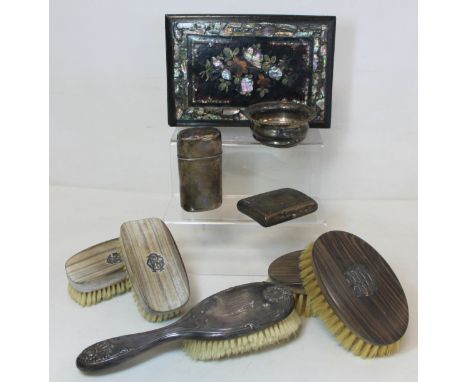 Papier mache black lacquer blotting pad boards with mother of pearl inlay and floral decoration, 23cm x 16cm; two pairs of Vi