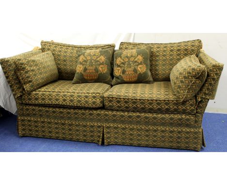 Peter Guild three seater Knole sofa upholstered in green and gold boucle moquette, with four scatter cushions. 184cm long x 9