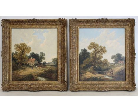 JAMES EDWIN MEADOWS (ENGLISH 1828-1888). Rustic scene with horse and wagon and Playing by the brook - a pair. Oils on canvas.