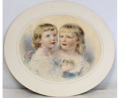 ELIZA F. MANNING (EXH. 1880-90). Portrait of two little girls. Watercolour. 42cm x 51cm (oval) - unframed. Signed and dated 1