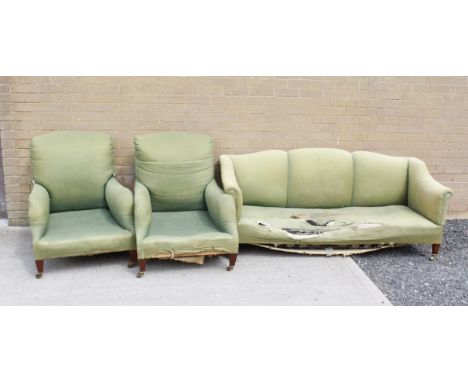 Pair of Howard style armchairs on square tapered supports and castors and a similar sofa (In need of restoration)Conditon rep