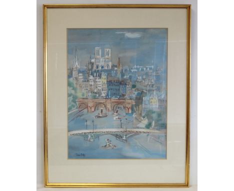 JEAN DUFY (FRENCH 1888-1964) 'Isle de la Cite' -  The Seine, Paris, a watercolour and gouache embellished print on buff paper