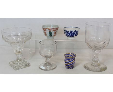 19th century rummer, the deep bowl with faceted base on concave faceted stem and domed circular foot with polish pontil, 17cm