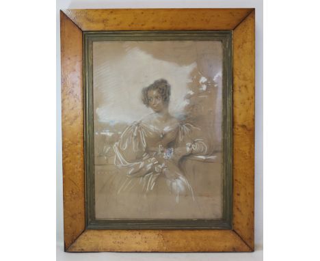 EARLY 19TH CENTURY SCHOOL. Portrait of Mrs Woodfall nee Miss Douglas. Pastel over pencil. 2.5cm x 29cm, in bird's eye maple f