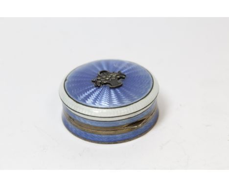 Silver gilt small compact with blue guilloché enamel and marcasite basket of flowers, import marks for Cohen &amp; Charles, 1