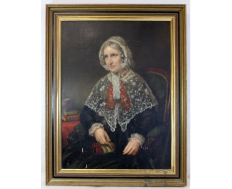 VICTORIAN SCHOOL. Portrait of an elderly lady knitting. Oil on canvas laid on board. 57.5cm x 42.5cm. Indistinctly signed wit