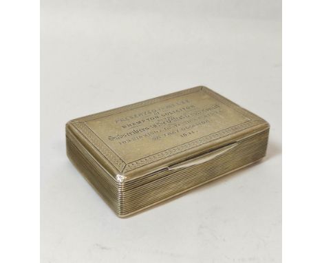 Silver rectangular snuff box, reeded with engine turned base and border '...Mr Lee of Brampton solicitor...Elliot Testimonial