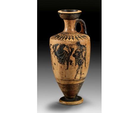 Attische Schulterlekythos der Klasse Athen 581. 500 - 480 v. Chr. H 20,4cm, ø Körper 8,8cm, ø Mündung 5,1cm, ø Fuß 5,4cm. Sch