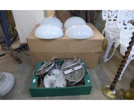 A set of fourteen opaline glass ceiling light shades, with eleven fittings 