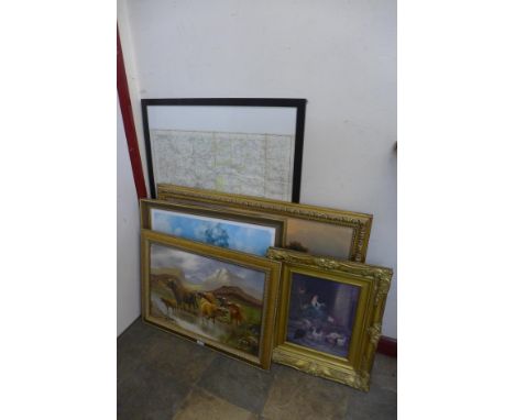 Three prints, an oleograph and a map of Nottingham 