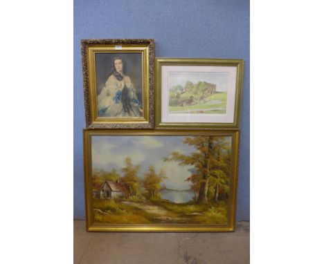 A K.W. Burton limited edition print of Nottingham Castle, S. Anderson, landscape, oil on canvas and an oleograph 