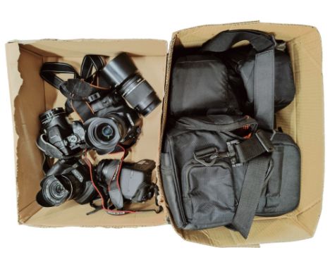 BOX OF CAMERAS, SONY, CANON, FUJIFILM, NIKON AND A BOX OF CAMERA CASES ETC