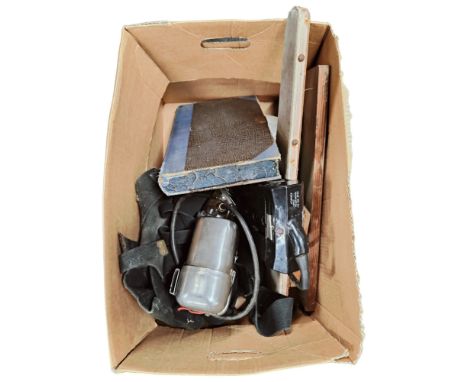 BOX TO INCLUDE 2 OLD RUC RIOT HELMET BAGS, OLD MINOR'S HEAD LAMP AND OTHER INTERESTING ITEMS