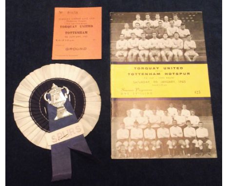 Football, Torquay v Tottenham 9 Jan, 1965, FA Cup 3rd round, match programme, match ticket &amp; Spurs rosette (gd) (3) 