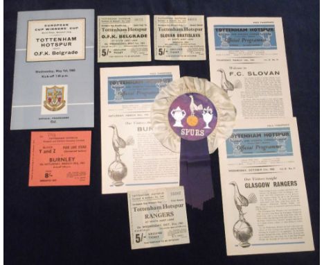 Football, Tottenham Hotspur, 4 programmes all with match tickets 3 ECWC games 1962/3 for matches v Glasgow Rangers, Slovan Br