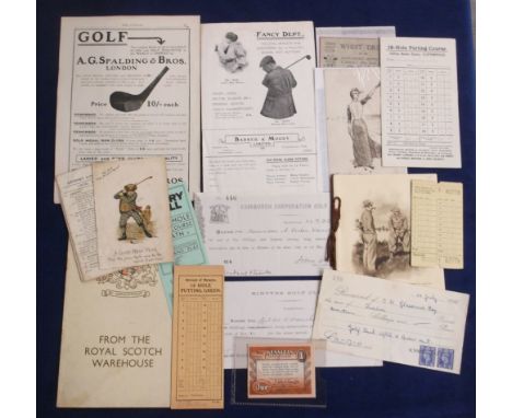 Golf, selection of ephemera early 1900's onwards inc. ink sketched postcard of lady golfer dated 6 Dec 1900 (pu Paris), Golfi