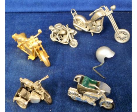 Motorcycling, 2 small clocks in the form of motorcycles together with a lighter in the form of a motor bike and 3 other motor