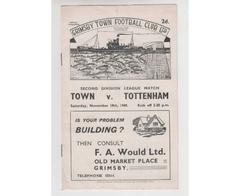 Football programme, Grimsby Town v Tottenham Hotspur 19th November 1949 2nd Division, Spurs Championship winning season, very
