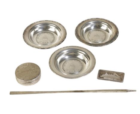 SILVER PILL BOX with engraved inscription "S.S.Ariguani"; a set of three silver dishes; B.D.S silver plated cocktail stick in