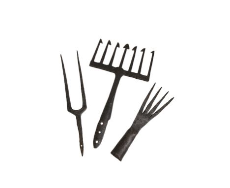 19TH CENTURY HAND-FORGED IRON EEL FORK with seven barbed tines, another forged eel or fish fork with four flared tines and a 