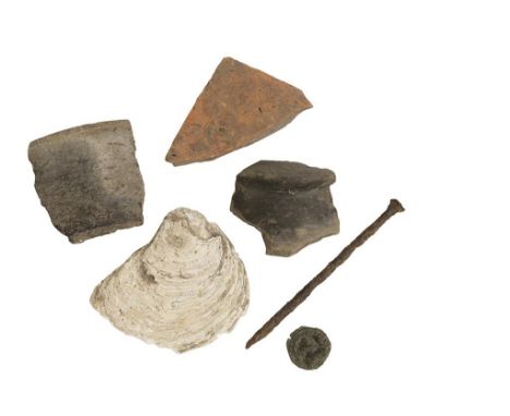 ROMAN COIN 297 - 293 AD and metal detector finds including a piece of Roman floor tile and oyster shell