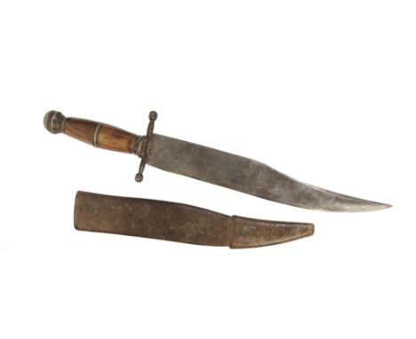 LATE 19TH CENTURY BOWIE KNIFE with turned oak & brass handle and leather scabbard, 31cm long 