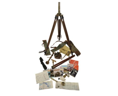 BRITISH MILITARY BINOCULARS BY KERSHAW 1943 in original leather case, telescopes, tripod stand and military compass etc.