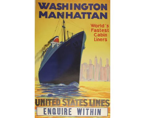 TWO VINTAGE COLOURED POSTERS by R. Devignes, 'United States Lines Washington Manhattan World's Fastest Cabin Liners, Enquire 