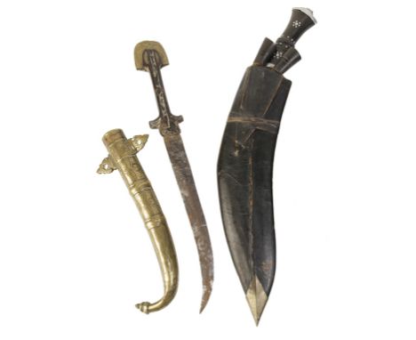 TURKISH DAGGER with brass & hard wood handle, brass engraved scabbard; and a Kukri in original leather scabbard (2)