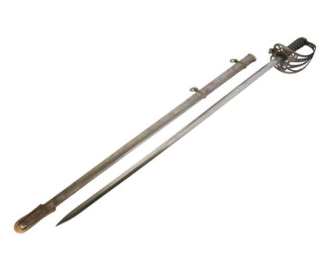 HONOURABLE ARTILLERY COMPANY SWORD with metal hilt, leather grip bound with white metal wire and original metal & brass scabb