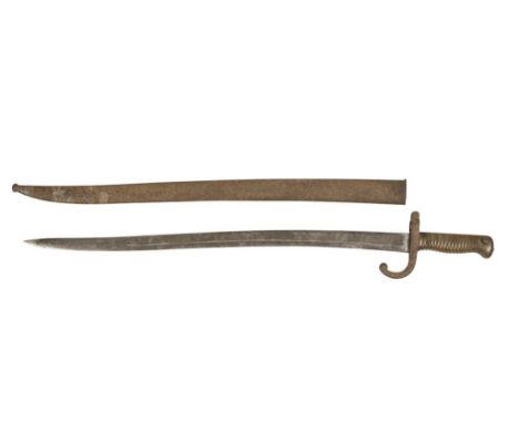 FRENCH CHASSEPOT BAYONET with brass ribbed handle and original metal scabbard M1866, 70cm long