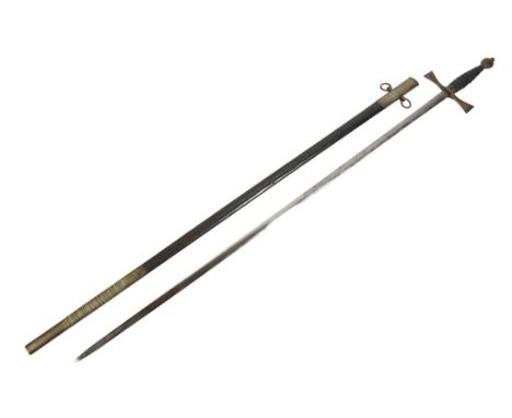 CEREMONIAL SWORD with shark skin copper wire bound grip and original leather and brass scabbard, 96cm long 