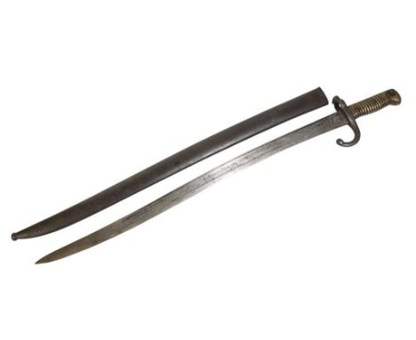 FRENCH CHASSEPOT BAYONET with brass ribbed handle and original metal scabbard, C 5906, 71cm long 