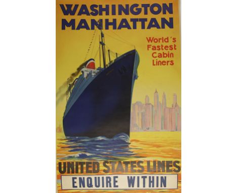 TWO VINTAGE COLOURED POSTERS by R. Devignes, 'United States Lines Washington Manhattan World's Fastest Cabin Liners, Enquire 