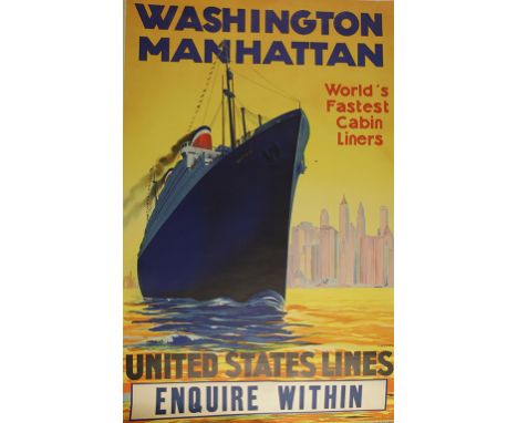 TWO VINTAGE COLOURED POSTERS by R. Devignes, 'United States Lines Washington Manhattan World's Fastest Cabin Liners, Enquire 