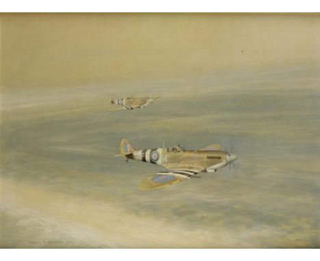 •BARRY K BARNES (20TH CENTURY) two spitfires in flight, signed and dated 1986 lower left, oil on canvas board, 45cm x 60cm 
