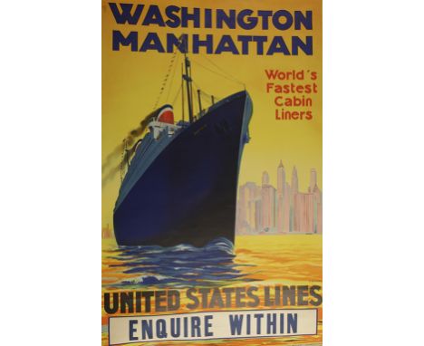 TWO VINTAGE COLOURED POSTERS by R. Devignes, 'United States Lines Washington Manhattan World's Fastest Cabin Liners, Enquire 