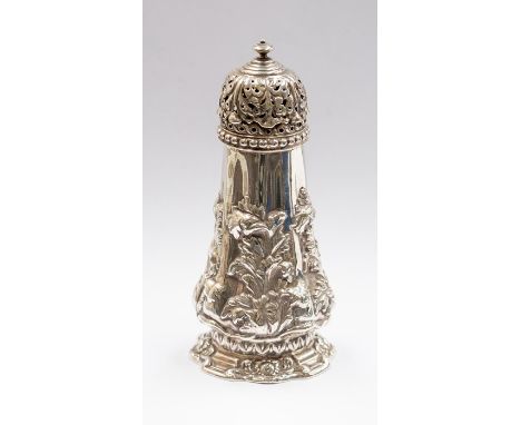 An early Victorian silver pepper pot, tapered body chased with leaves in high relief, by Henry Wilkinson, Sheffield 1848, app
