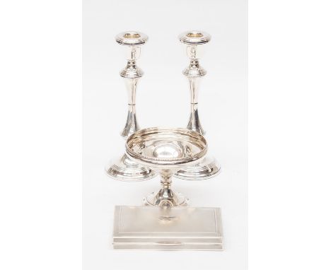 A collection of silver including: pair of Elizabeth II candlesticks, W I Broadway & Co Birmingham, 1969; a small late 20th Ce